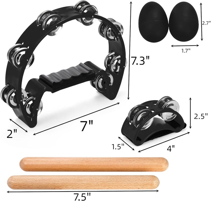 Eorbow 12 Pcs Tambourines for Adults, Hand Held Half Moon Tambourine with Foot Tambourine Wood Rhythm Sticks and Egg Shakers, Double Row Metal Jingles Hand Percussion Instrument Set for Party - Image 2